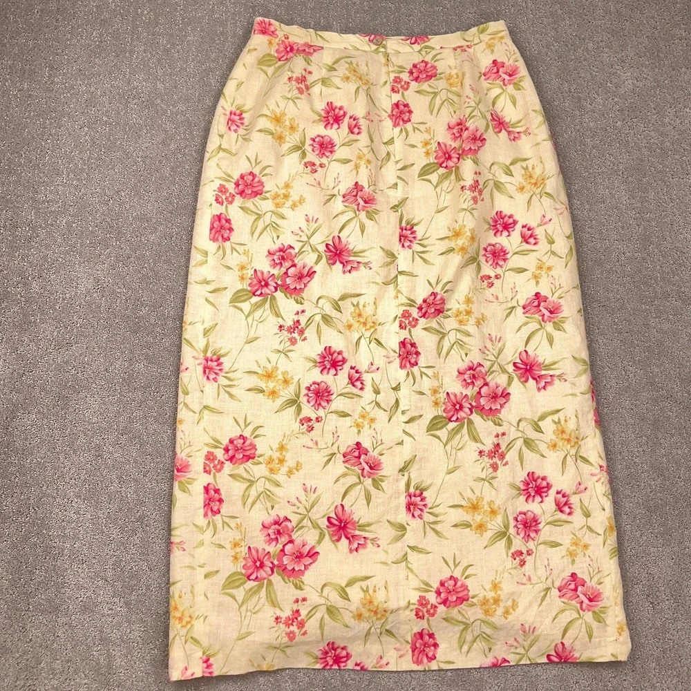 Susan Bristol‎ Skirt Women 12 Yellow Pink Floral Faux Wrap Linen Midi Summer